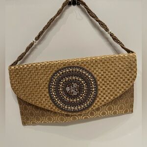 Elegant Vintage Gold Clutch with Sun Dial Jewelled Sun Dial